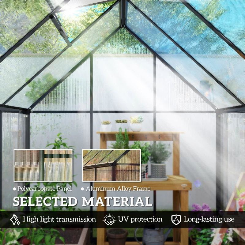 Outsunny 6 x 5.5ft Polycarbonate Greenhouse, Quick Setup Walk in Green House, Push Door, Adjustable Roof Vent, Rain Gutter, Black