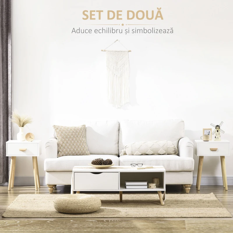 HOMCOM Set de 2 noptiere moderne cu sertar, 40,5x30,5x60 cm, stejar