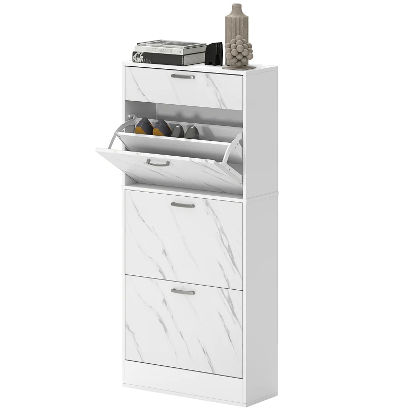 HOMCOM Marble Shoe Storage Cabinet with 3 Flip Drawers, Hallway Cabinet with Top Drawer and Adjustable Shelves, Shoe Cupboard for 18 Pairs, White