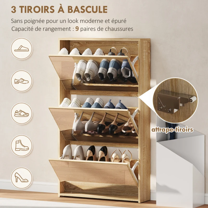 HOMCOM Meuble à chaussures 9 paires, armoire à chaussures étroite, 3 tiroirs rabattables portes miroirs, 65x17x114,5cm naturel