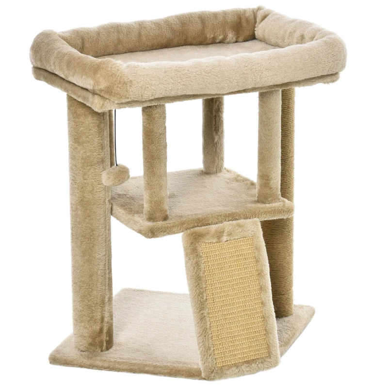 PawHut Albero per Gatti in Peluche con Casetta per Gatti e Lettino, Tiragraffi in Juta e Pallina, Marrone