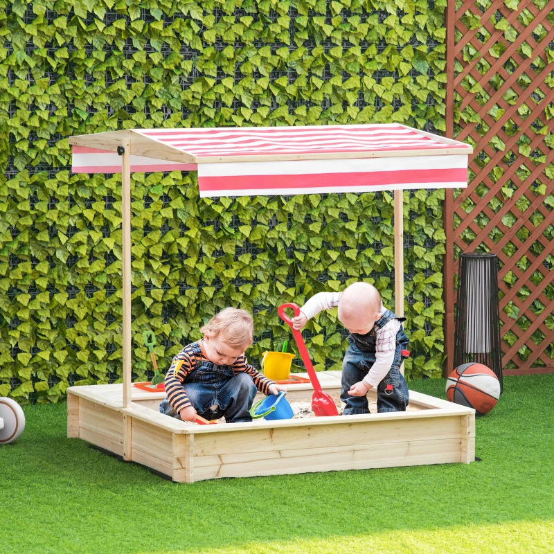 Outsunny Sabbiera per Bambini 3-8 Anni con Tettuccio Regolabile, in Legno di Abete e Poliestere, 118x118x118 cm