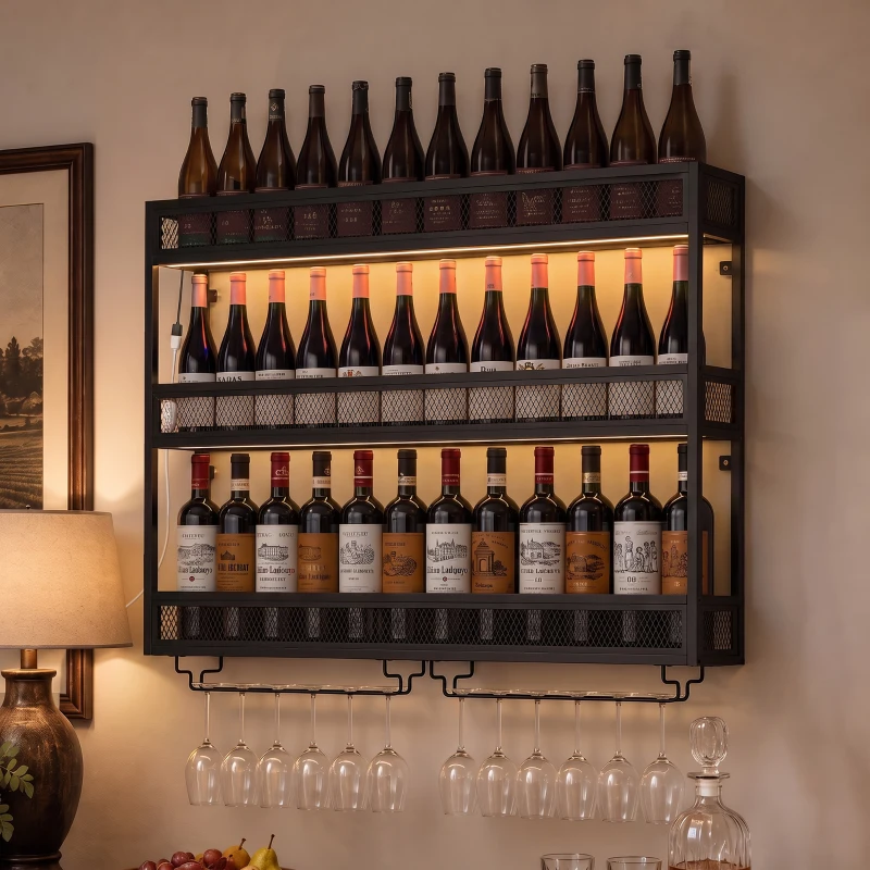 HOMCOM Wall-Mounted Wine Rack with LED Lights, Glass Holders, Open Shelf, Metal Storage Rack, Black