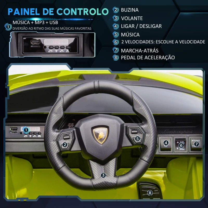 HOMCOM Carro Elétrico Infantil Lamborghini SIAN 12V para Crianças de 3-8 anos com Controle Remoto Abertura da Porta Música MP3 USB e Faróis 108x62x40 cm Verde