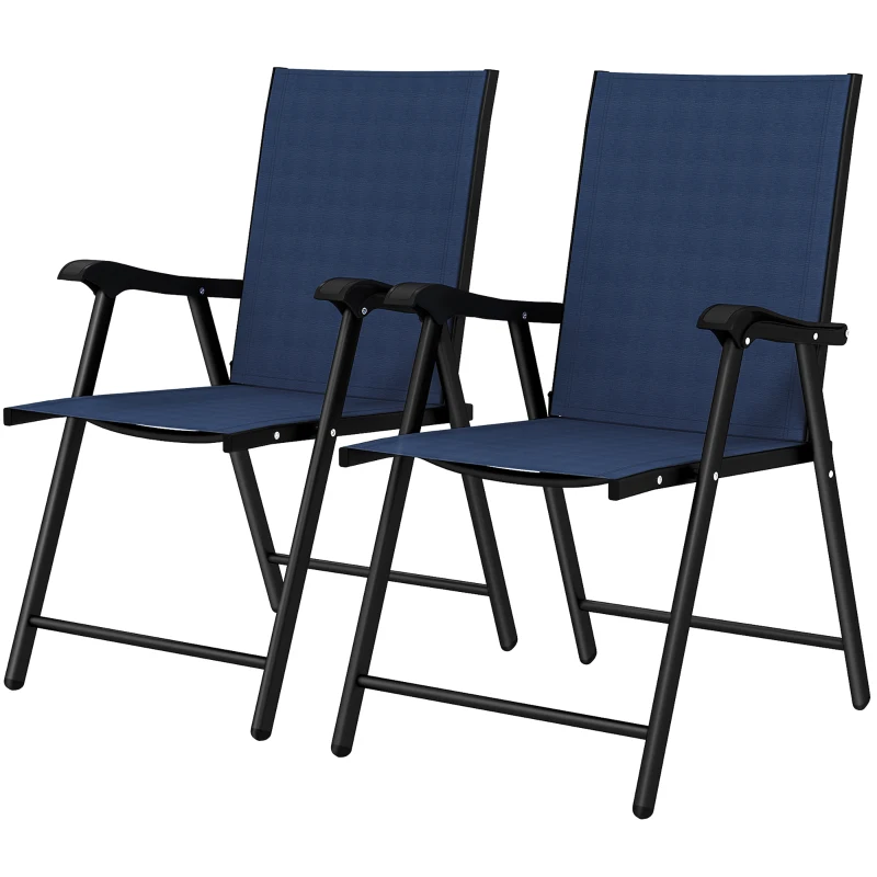 Outsunny Folding Garden Chairs Set of 2, Foldable Garden Dining Chairs with High Back, Armrests, Texteline Seat, Navy Blue