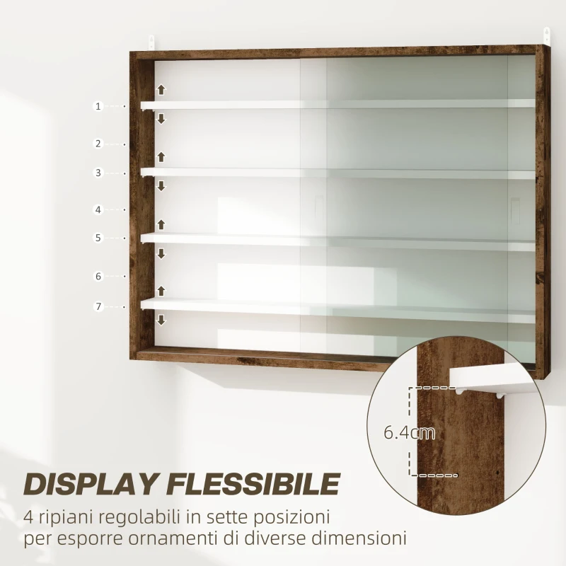 HOMCOM Bacheca Portaoggetti a 4 Ripiani Regolabili, Vetrina a Muro in Vetro e Legno, 80x9.5x60 cm, Marrone