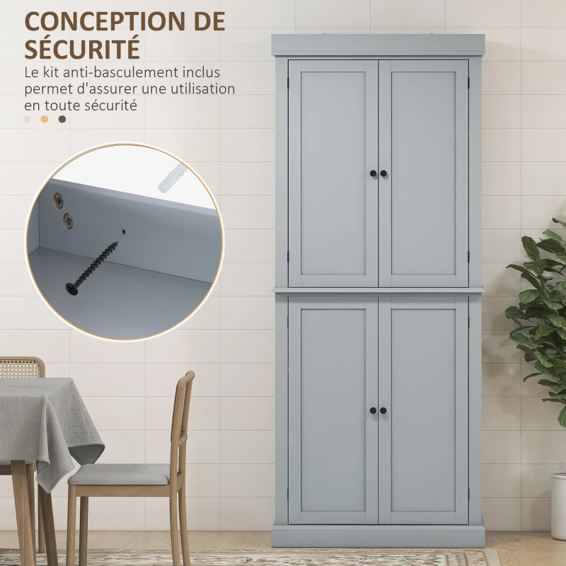 HOMCOM Armoire de cuisine buffet cuisine style moderne avec placards, étagères réglables, 76 x 40,5 x 184 cm, gris(m-6)