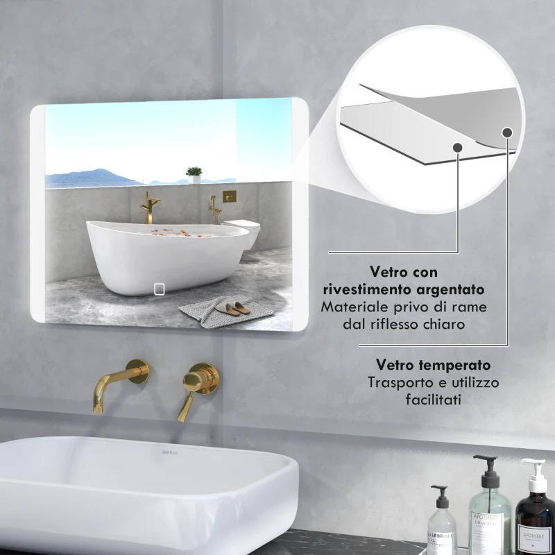 HOMCOM Specchio Bagno con Luce LED a 3 Temperature, Interruttore Touch e Antiappannamento, 70x50cm