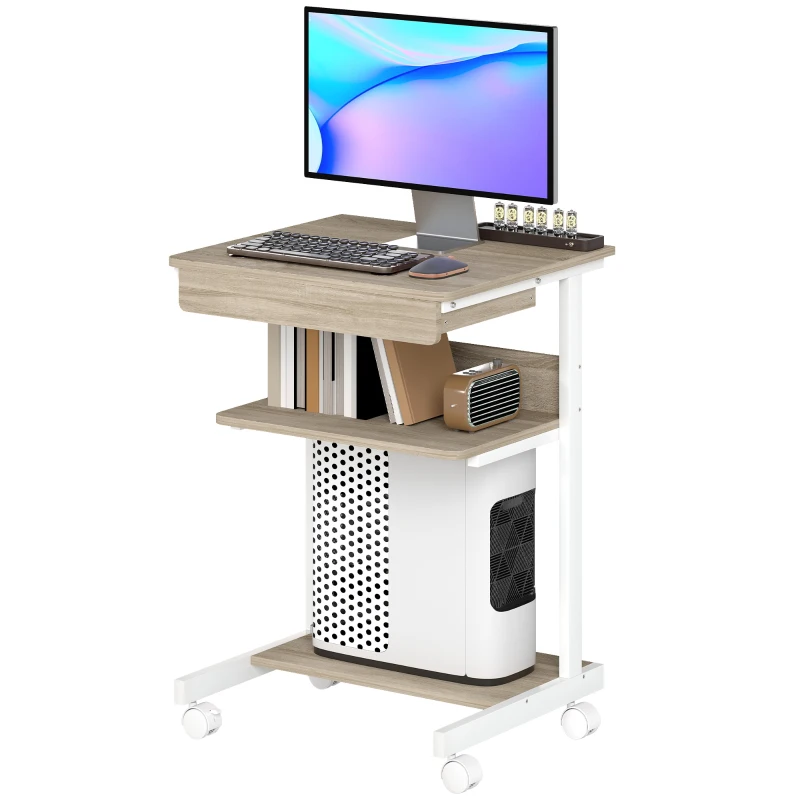 HOMCOM Scrivania PC con Cassetto Scorrevole, 2 Ripiani e 4 Rotelle, in Legno e Metallo, 56x51x79 cm, Bianco e Rovere