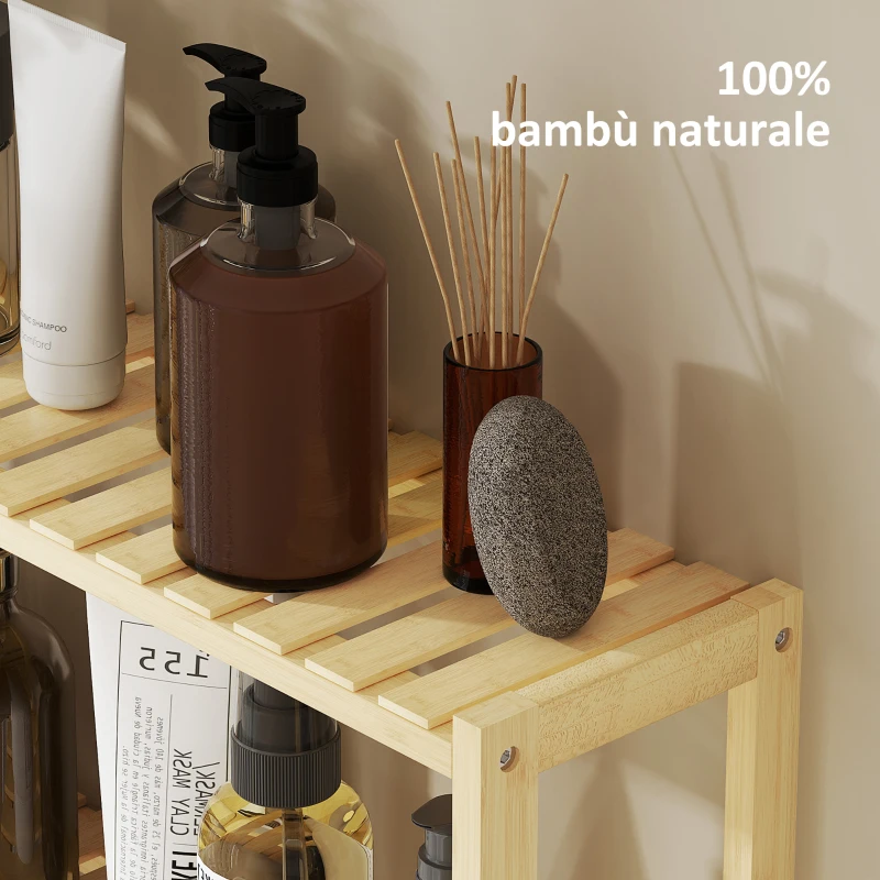 HOMCOM Scaffale per il Bagno a 3 Ripiani Regolabili in 5 Posizioni, in Bambù, 60x15x50 cm, color Legno