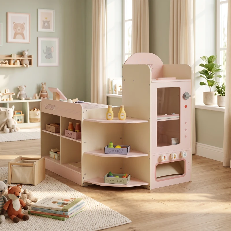 AIYAPLAY Supermercado de Brinquedo em Madeira Loja com Caixa Registadora Máquina de Venda Automática 3 Prateleiras Abertas 4 Compartimentos 90,7x60x73,8 cm Rosa