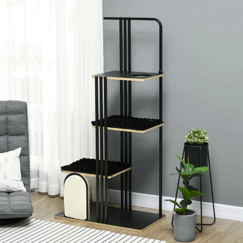 PawHut Kratzbaum, Industrial Design, 3 Plattformen, 2 Liegekissen, Kratzwand, Stahlrahmen, schwarz, 85 x 48 x 170 cm