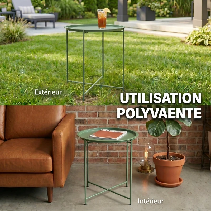 Outsunny Petite table basse ronde table d'appoint plateau amovible avec bord relevé pieds pliables en acier Ø 46 x 53 cm vert