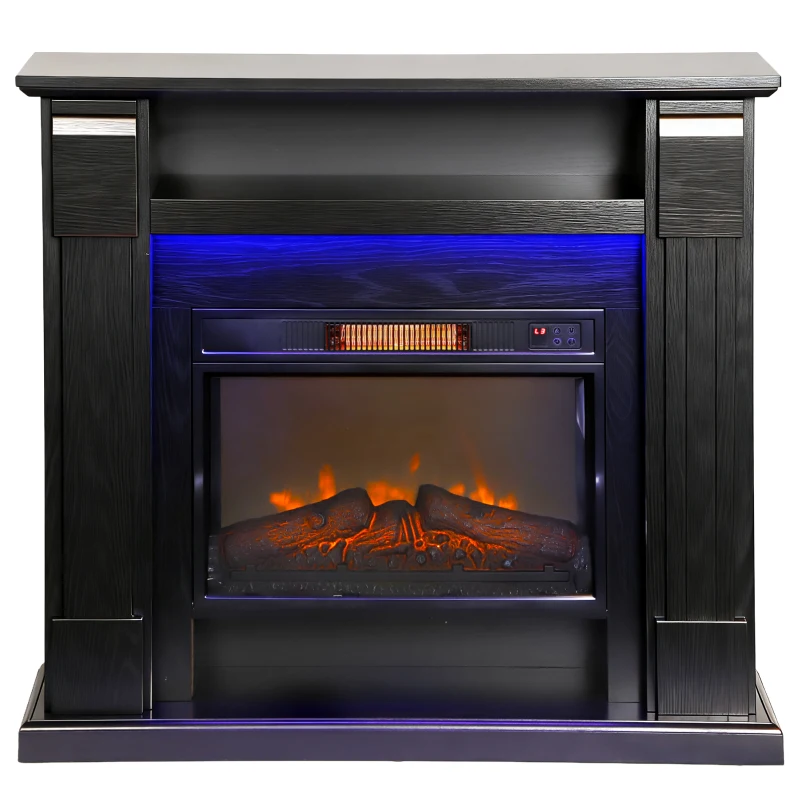 HOMCOM Camino Elettrico 1800W Regolabile con Fiamma 3D, Ripiano, Timer e Telecomando, 105x27x97 cm, Nero