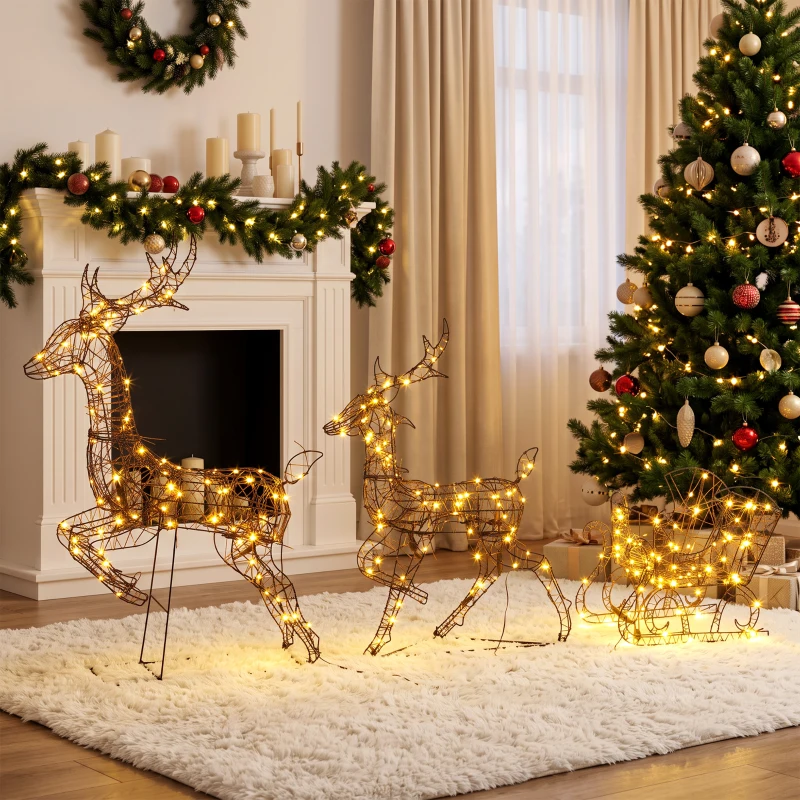 Outsunny Ensemble 3 pièces renne et traîneau lumineux, déco de Noël en polyrattan avec LEDs, 8 modes, minuterie