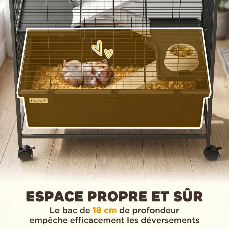 PawHut Cage pour Rongeurs sur Roulantes, 4 Niveaux, 3 Plateformes, 3 Rampes, Bouteille d'Eau, 75x46x94,5cm, Noir