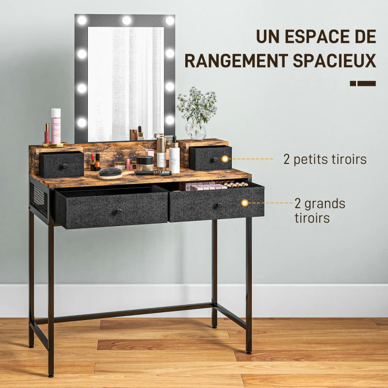 HOMCOM Coiffeuse table de maquillage miroir LED réglable intégré - pied en métal noir - 4 tiroirs en tissu - Aspect bois foncé