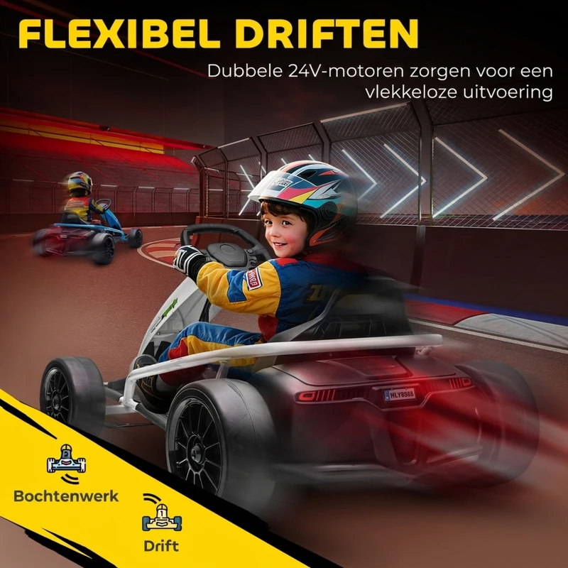 HOMCOM 24 V Elektrische Go-Kart voor Kinderen Tot 13 km/h Gokart met Driftfunctie, Drift-Kart met 2 motoren voor 8–12 jaar Wit