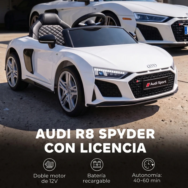 AIYAPLAY Coche Eléctrico Niños Audi R8 Spyder 12V con Mando a Distancia 2,4 G 2 Motores Arranque Suave Suspensión Trasera Blanco