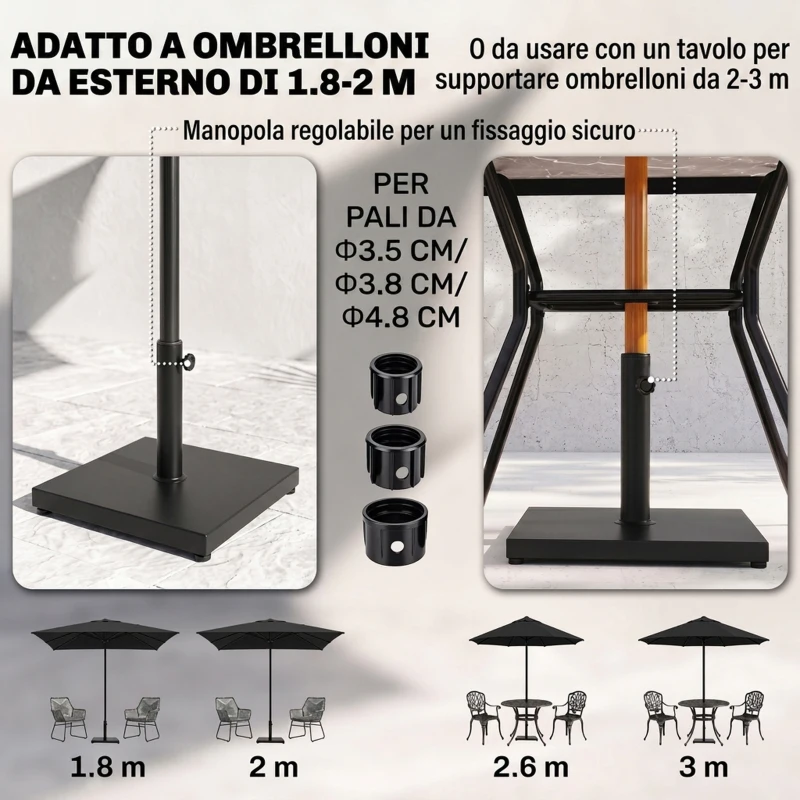 Outsunny Base per Ombrellone Quadrata da 18kg per Pali da Ø3/3.5/3.8 cm, 45x45x39 cm, Nero