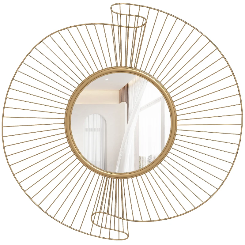 HOMCOM Decorațiune de Perete Oglindă Rotundă, Oglindă Modernă cu Benzi din Metal și Design Plisat, Artă Decorativă pentru Living, Dormitor și Intrare, 60x60 cm, Auriu