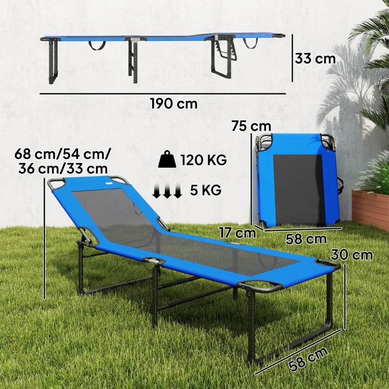 Outsunny Tumbona Plegable con Respaldo Ajustable en 4 Posiciones Asas y Respaldo de Textilene Carga 120 kg 175x58x68 cm Azul