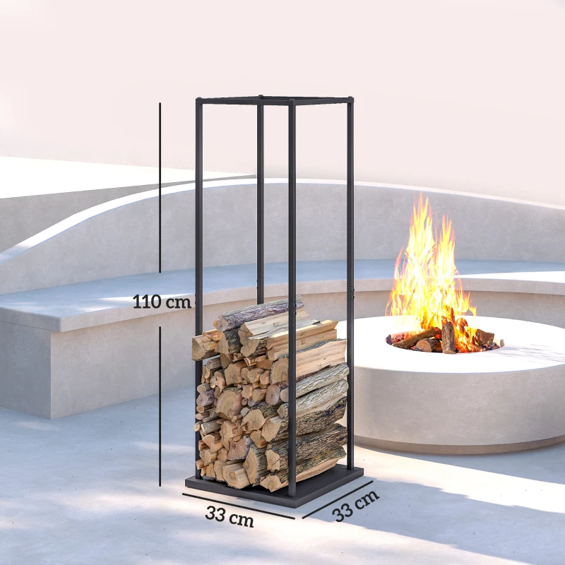 Outsunny Estante de Leña Metálico de Chimenea Soporte para Leña con Base Elevada Anti-vuelco Carga 100 kg 33x33x110 cm Negro
