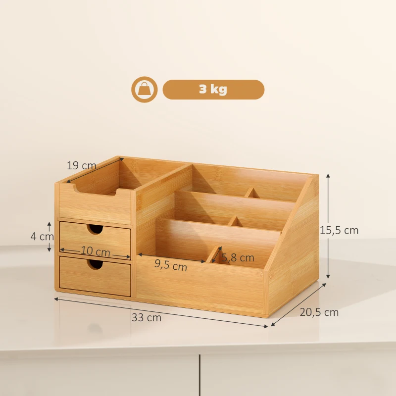 HOMCOM Organizer da Scrivania in Bambù con 2 Cassetti e 7 Scomparti Portaoggetti, 33x20.5x15.5 cm