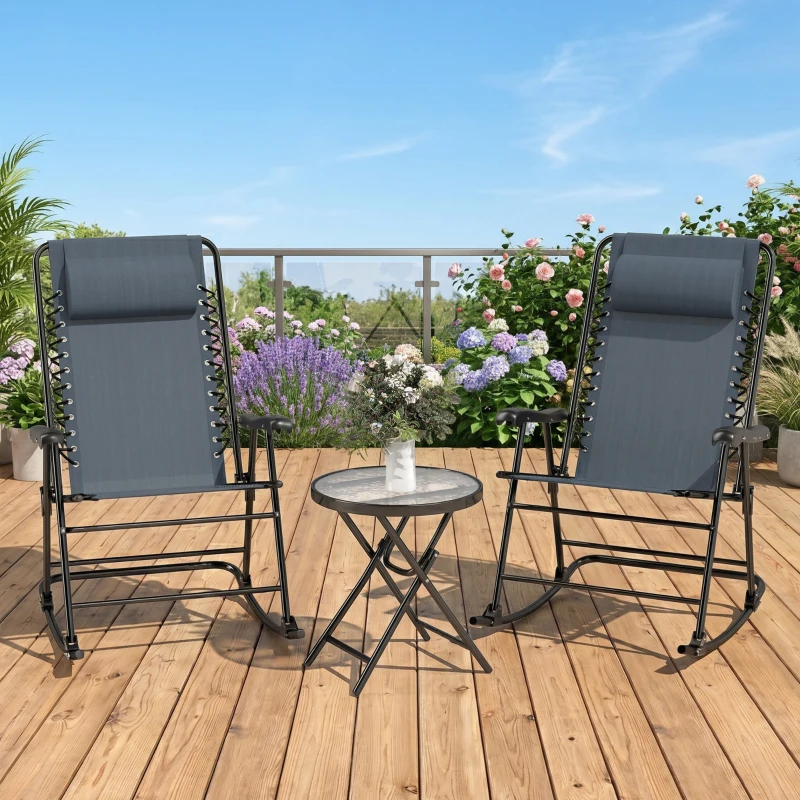 Outsunny Set Tavolino e Sedie da Giardino Pieghevoli e a Dondolo per Esterno, Balcone, Terrazzo, Grigio