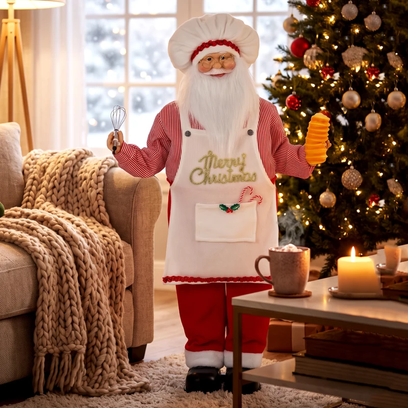 HOMCOM 4ft Singing Cooking Santa Claus, Standing Christmas Animated Santa Figure with Head Moving, Sound/Touch Activated