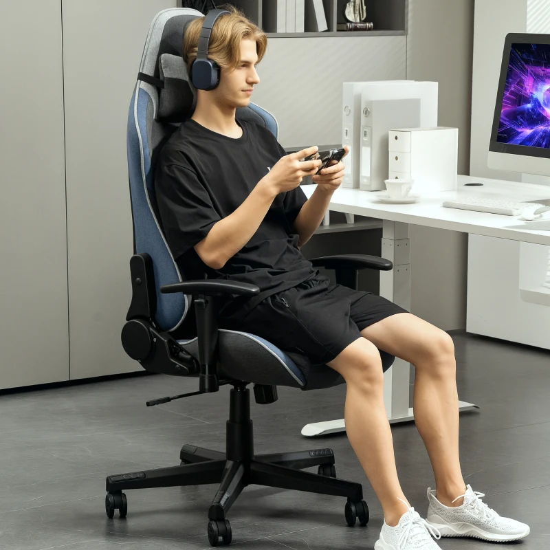 Vinsetto Sedia da Gaming Reclinabile a 150° con Funzione Dondolo, in Tessuto Effetto Lino, 66x53x128-138 cm, Grigio