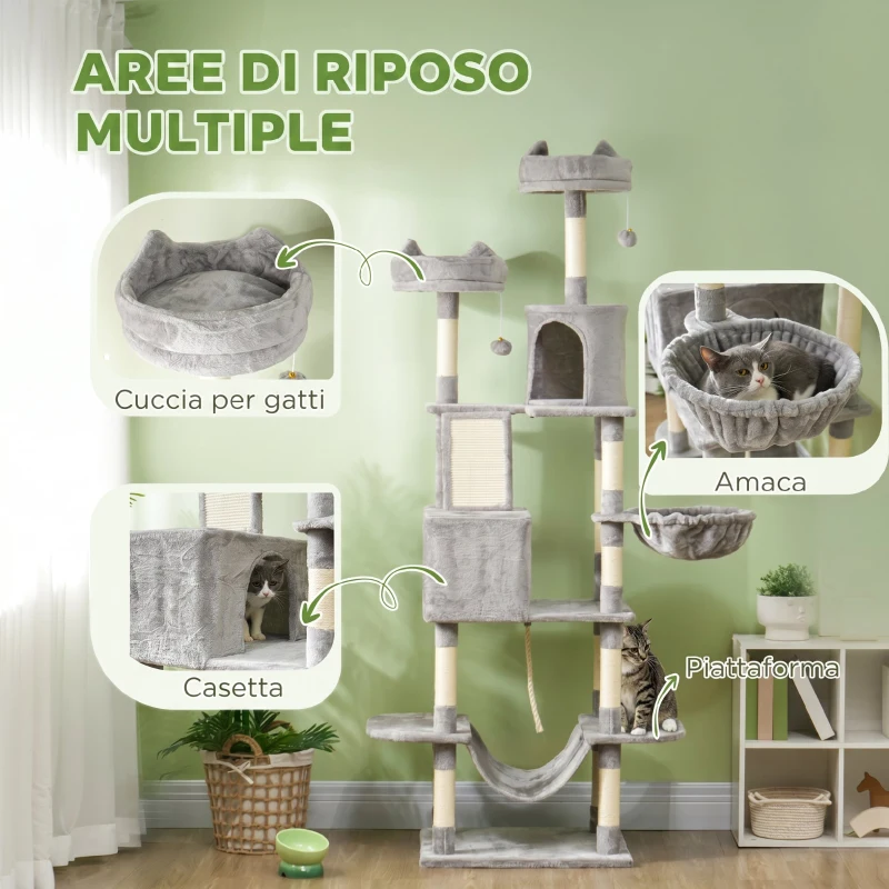 PawHut Albero per Gatti Alto 206 cm con 4 Pali Graffiatoi, Grotte, Cesti, Amache, per 1-3 Gattini 6 kg, Grigio Chiaro