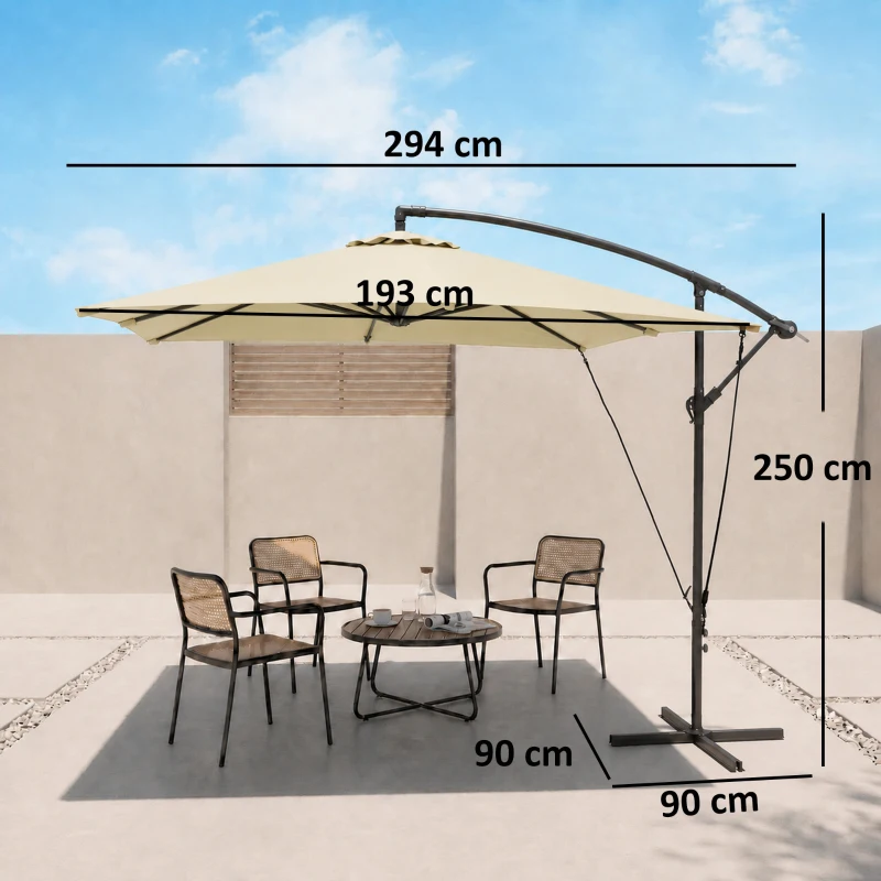 Outsunny Ombrellone da Giardino Decentrato con Base a Croce e Apertura a Manovella, 294x193cm, Beige