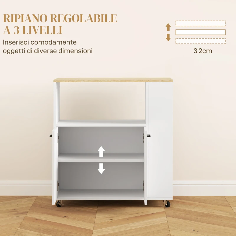 HOMCOM Carrello Cucina in Legno con Ripiano Aperto, Armadietto e Scaffale Laterale, 75x40x80.5 cm, color Rovere e Bianco