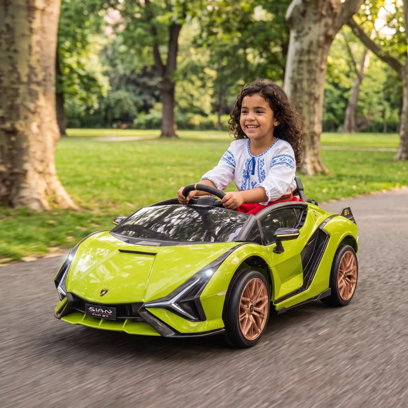 HOMCOM Carro Elétrico Infantil Lamborghini SIAN 12V para Crianças de 3-8 anos com Controle Remoto Abertura da Porta Música MP3 USB e Faróis 108x62x40 cm Verde