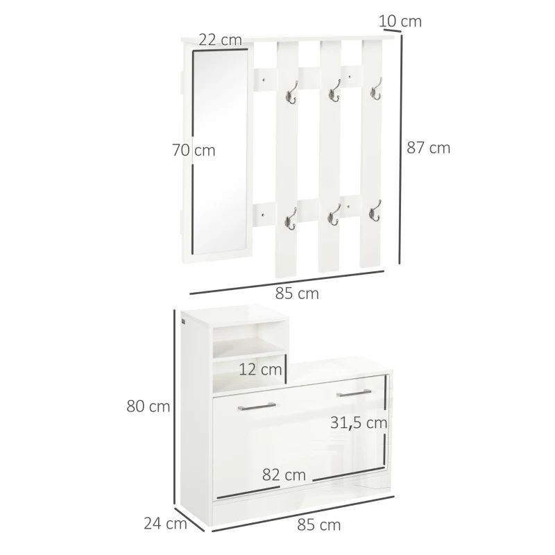 HOMCOM Recibidor con Espejo Perchero y Zapatero Muebles de Entrada con 6 Ganchos y Estantes para 8 Pares de Zapatos Blanco