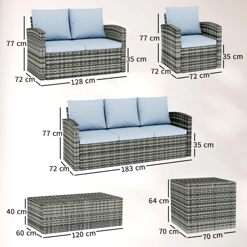 Outsunny 6 Pieces Rattan Garden Furniture Set, 7 Seater Wicker Outdoor Furniture Set with Storage Tea Table & Side Table, Sectional Garden Sofa Set with Cushions, Grey