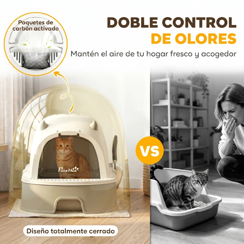 PawHut Arenero para Gatos L Caja de Arena para Gatos con Tapa Extraíble y Bandeja de Acero Inoxidable Extraíble Pala Gris