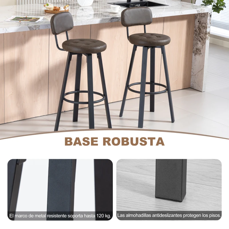 HOMCOM Juego de 2 Taburetes Altos de Cocina Giratorios Tapizados de PU con Respaldo Marco de Metal Reposapiés Marrón Oscuro