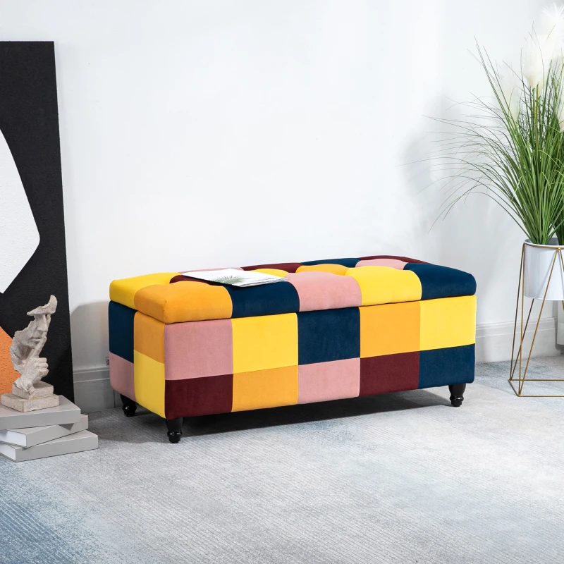 HOMCOM Storage Ottoman, Storage Bench with Wood Legs, Footstool, Footrest with Velvet Surface for Bedroom, Hallway, Living Room, 114 x 47 x 47 cm, Multicoloured