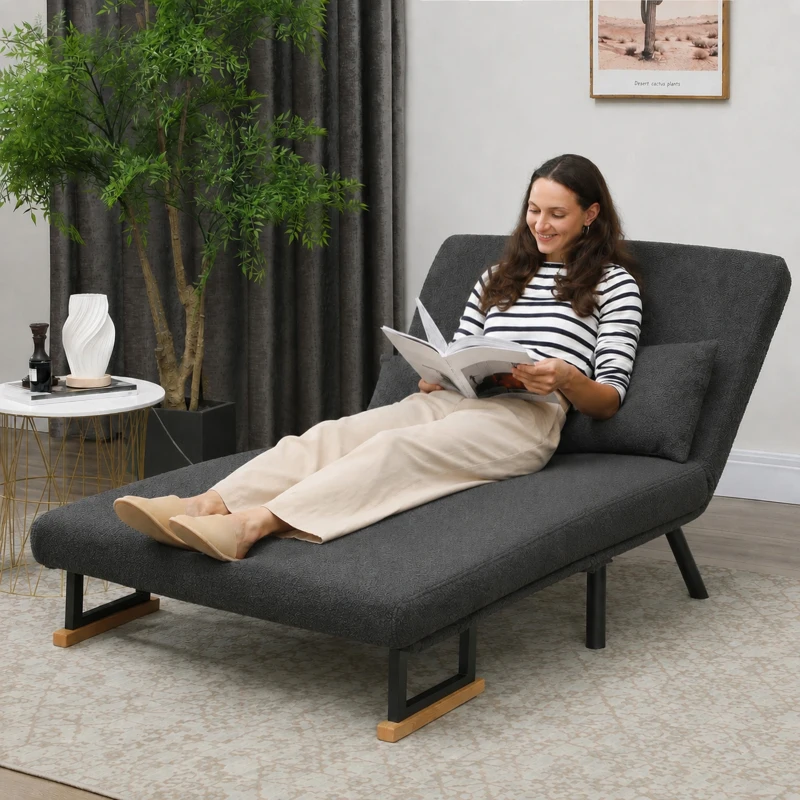 HOMCOM Slaapbank 2-zits met bedfunctie, incl. 2 kussens, sherpa-look, naturel + donkergrijs + zwart