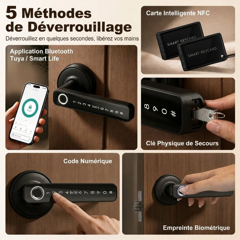 HOMCOM Serrure de Porte Intelligente, 5 Accès par Empreinte, Code, Carte NFC, Application Tuya/Smart Life et Clé, Noir