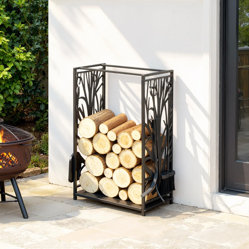 HOMCOM Estante para Leña Estantería de Almacenamiento para Chimenea 46x30x70 cm Soporte para Leña con 4 Herramientas Negro