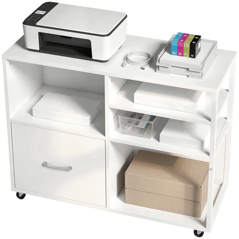 HOMCOM Mueble para Impresora con Ruedas Mesa para Impresora con Estantes Abiertos y Cajón para Documentos Tamaño A4 Blanco
