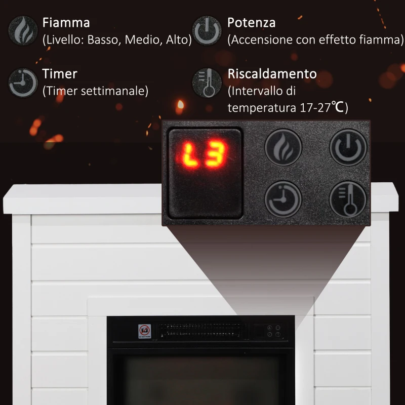 HOMCOM Camino Elettrico 1800W con Effetto Fiamma e Telecomando, in Legno, Metallo e Vetro, 96.5x22x81.7 cm, Bianco