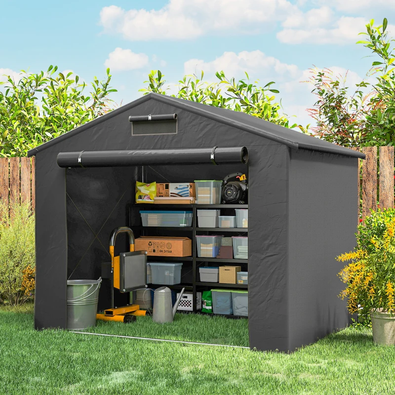 Outsunny 8 x 6 ft Outdoor Garden Storage Shed, Waterproof Bike Tent with Roll-Up Zipper Door