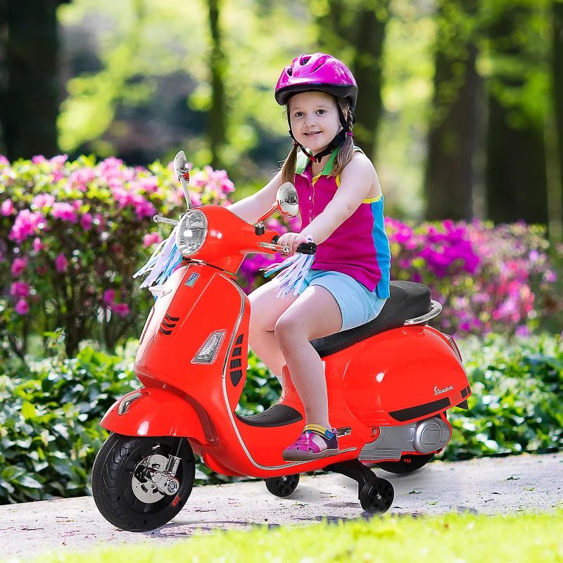 HOMCOM Vespa Scooter Moto électrique Enfants 6 V dim. 102L x 51l x 76H cm Musique MP3 Port USB klaxon Phare feu AR Rouge