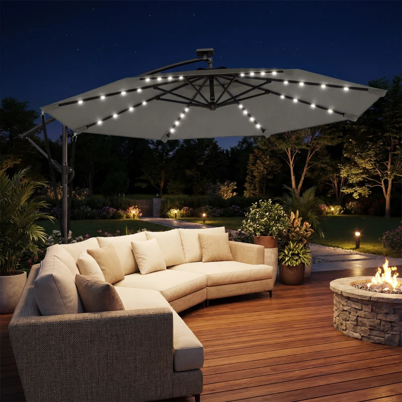 Outsunny Chapéu de Sol Excêntrico com Luzes LED Solares Ø345 cm Base Cruzada Manivela Capa Protetora Cinza Escuro