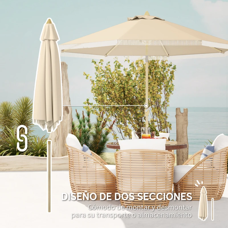 Outsunny Sombrilla de Jardín Ø265x244 cm con Manivela Manual Ángulo Ajustable y Flecos de Estilo Boho para Terraza Piscina Crema