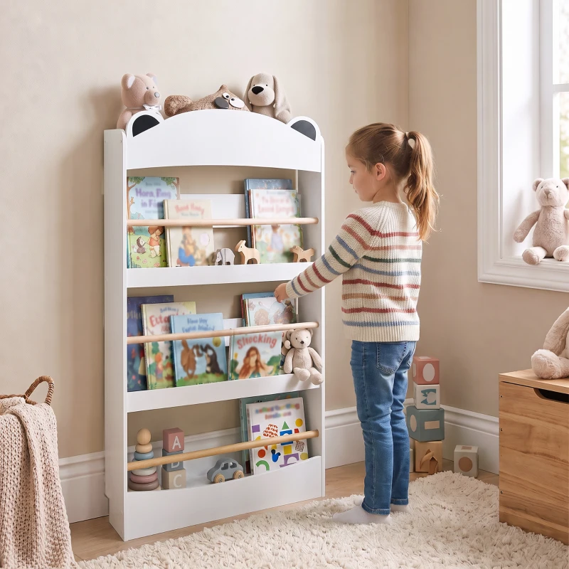 AIYAPLAY Libreria Montessoriana per Bambini 3-8 Anni a Forma di Orso con 4 Ripiani in Legno, 50x15x97 cm, Bianco